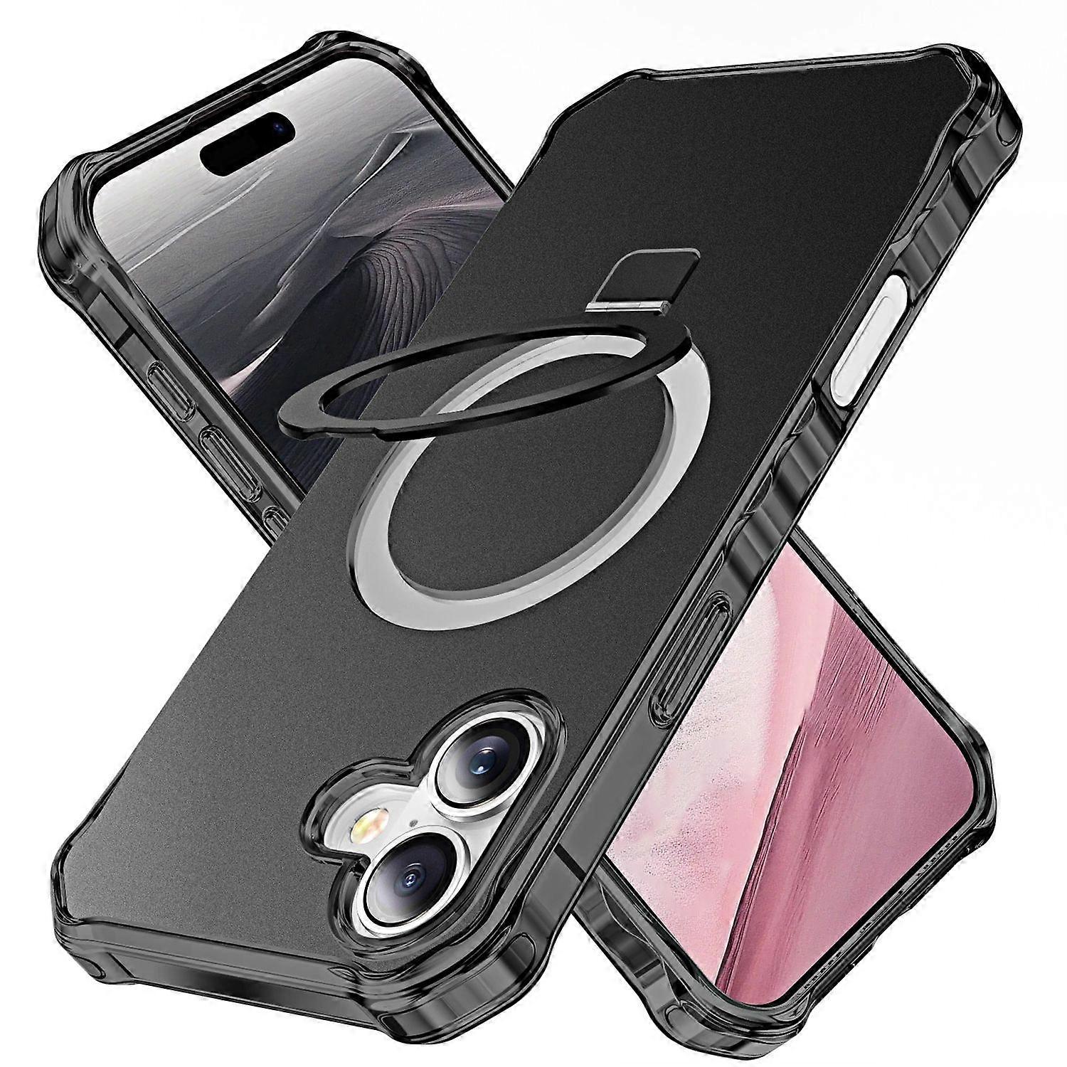 For Apple iPhone 16 Plus Solid Color Wave Design MagSafe Ring Holder Case Black