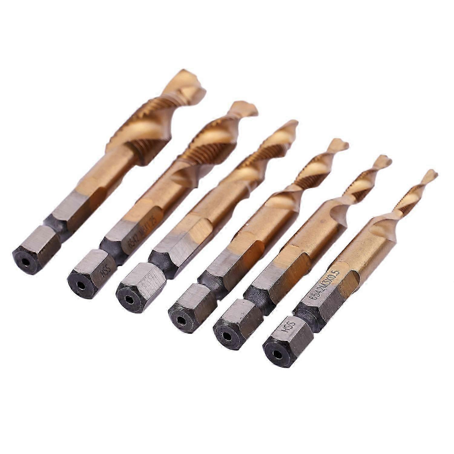 6Pcs HSS Titanium - M10 Combination Hex Deburr Countersink Tap Drill Bit Set