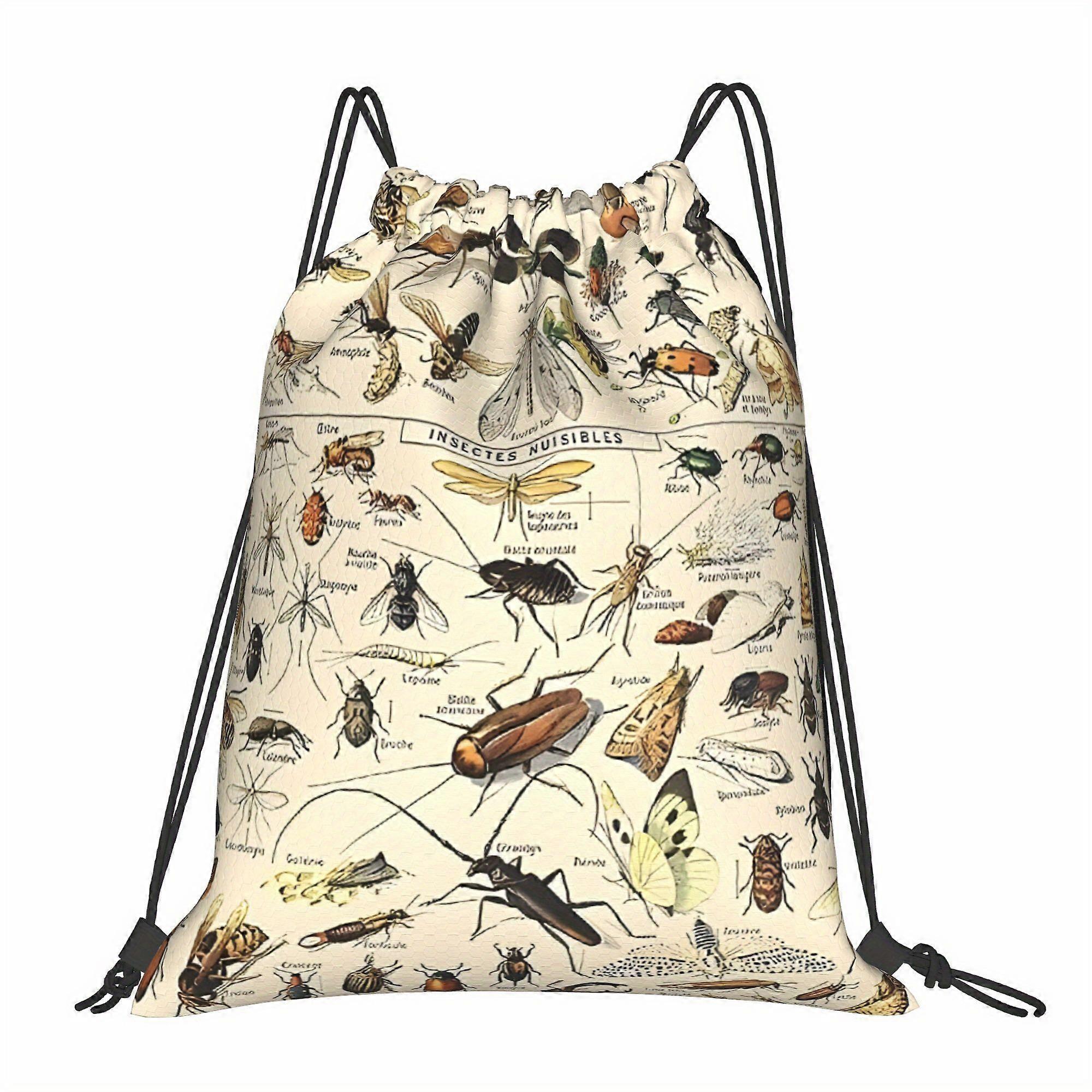 2D Flat Drawstring Bag, Insect Illustration Drawstring Pouch - Durable, Machine Washable, Cartoon Bug Pattern, Multicolo-Cqazw