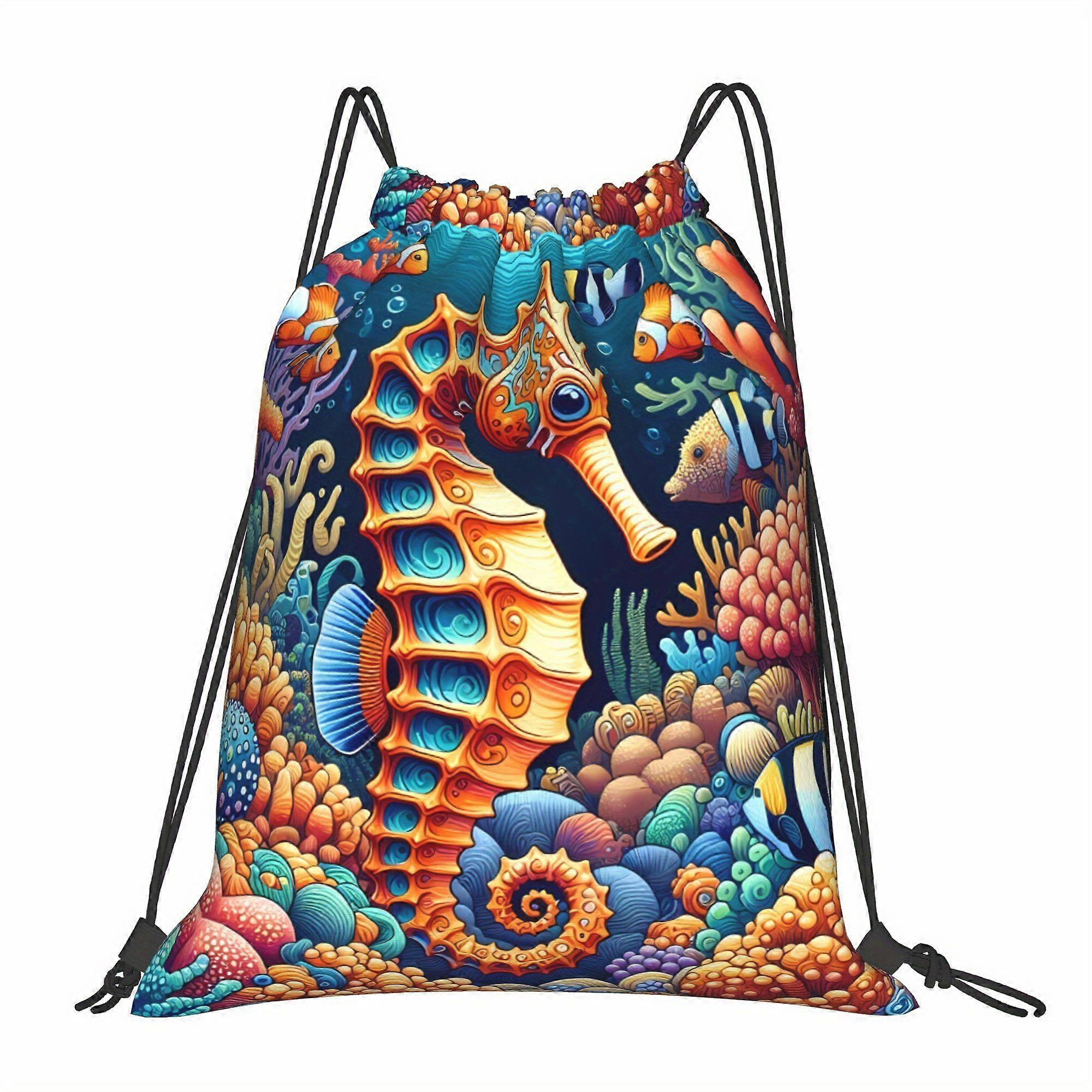 2D Flat Pull-String Bag with Seahorse Pattern-Cqazw