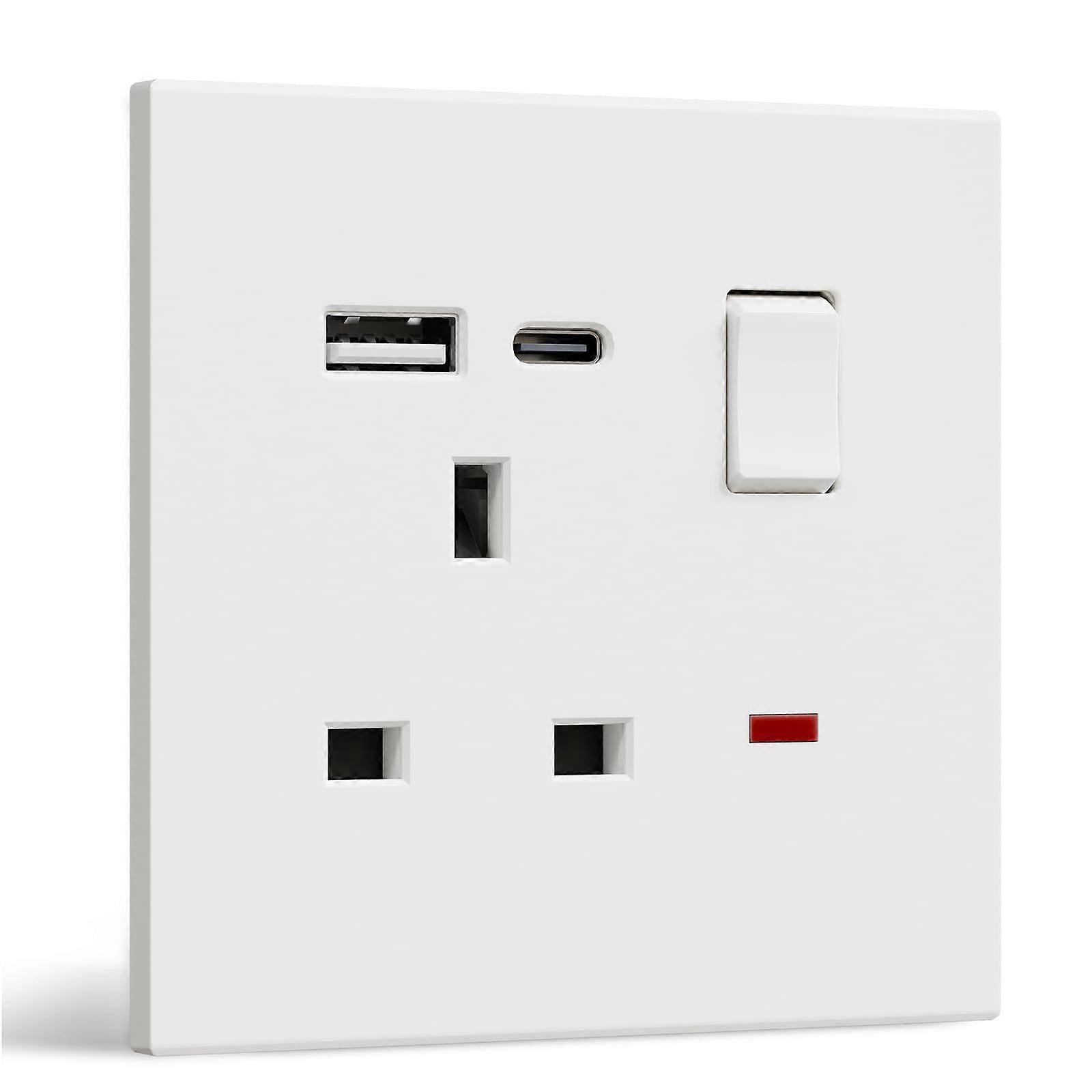 Single Socket with USB C, Electrical Single Switched Power Plug Wall Socket with LED Indicator, PC Wall Plate Outlet, White, 13A