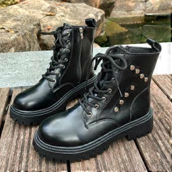 Britischer Stil, Retro-Stiefel, Winter, neue Modelle mit runder Schuhspitze, Schnürung vorne, mit Nieten, Plateausohle, rutschfest.