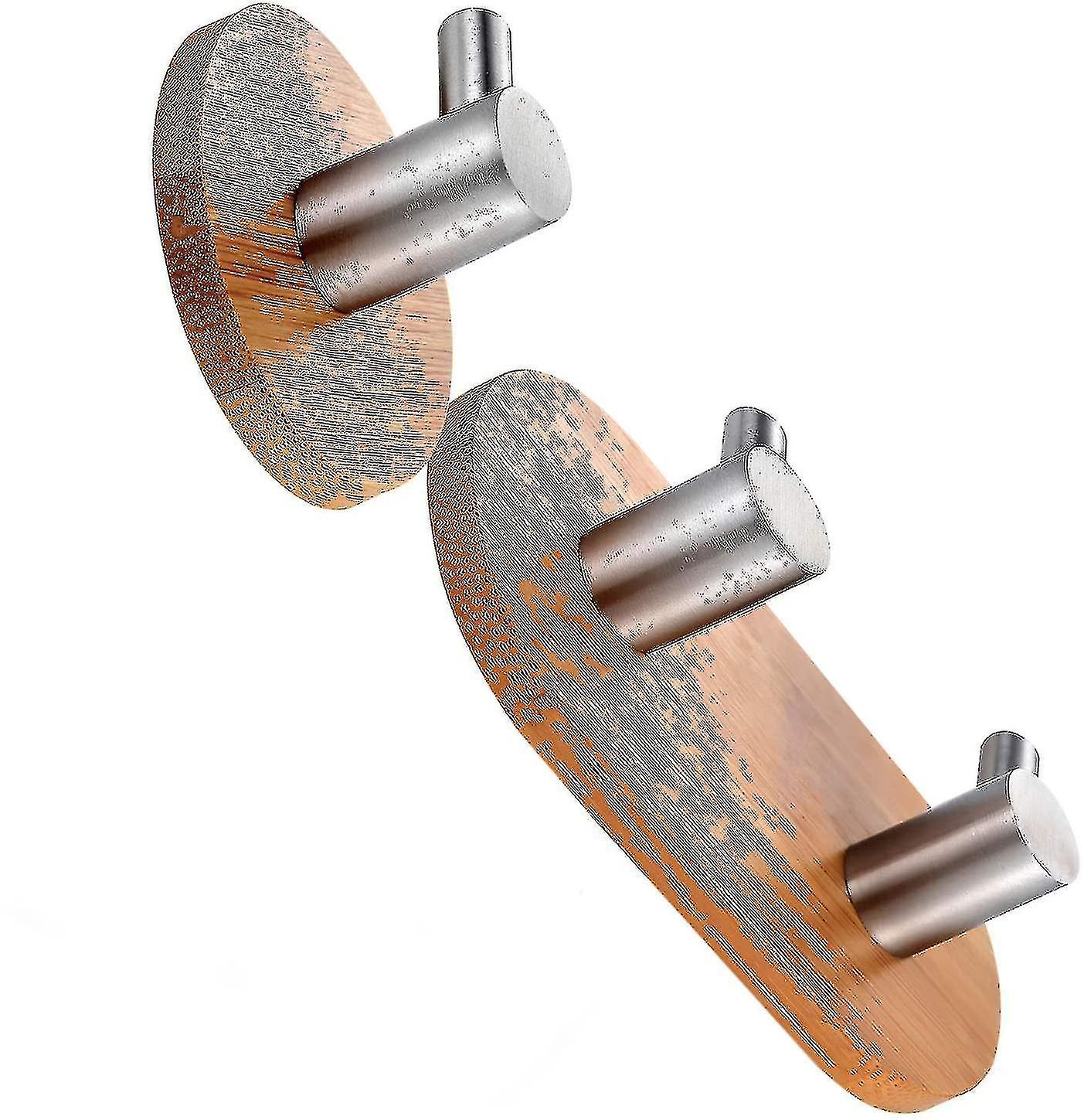 2 Pcs Self-adhesive Hooks Resilient Bamboo & Stainless Steel No Damage High Quality