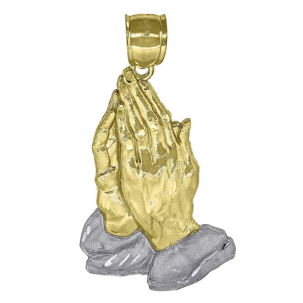 10k Gold Two tone Textured Mens Praying Hands Height 49.4mm X Width 25.7mm Religious Charm Pendant Necklace for Men