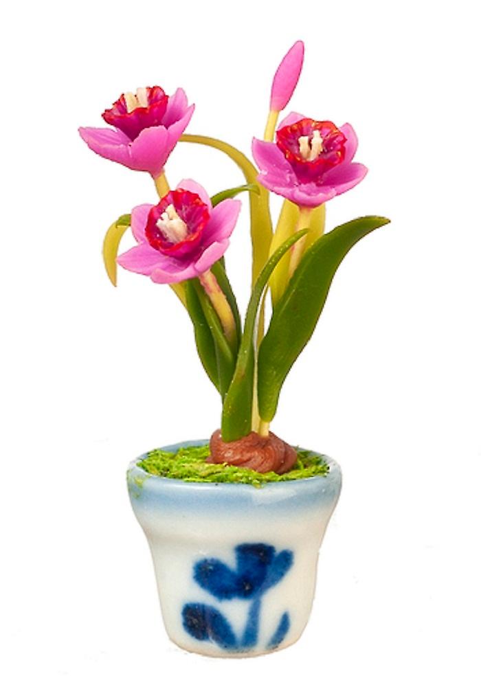 دمى البيت الوردي النرجس الزهور في وعاء مصغرة ملحق حديقة المنزل 1:12