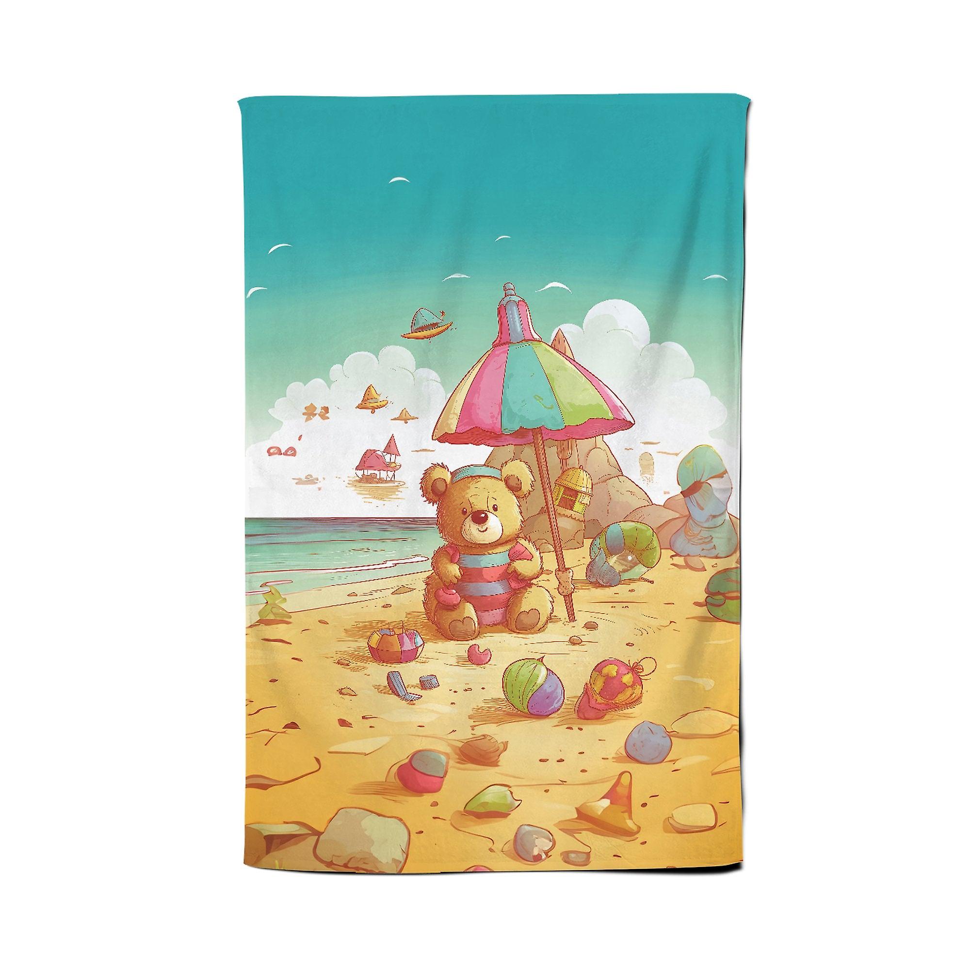 Teddy Bead On A Beach Holiday Tea Towel