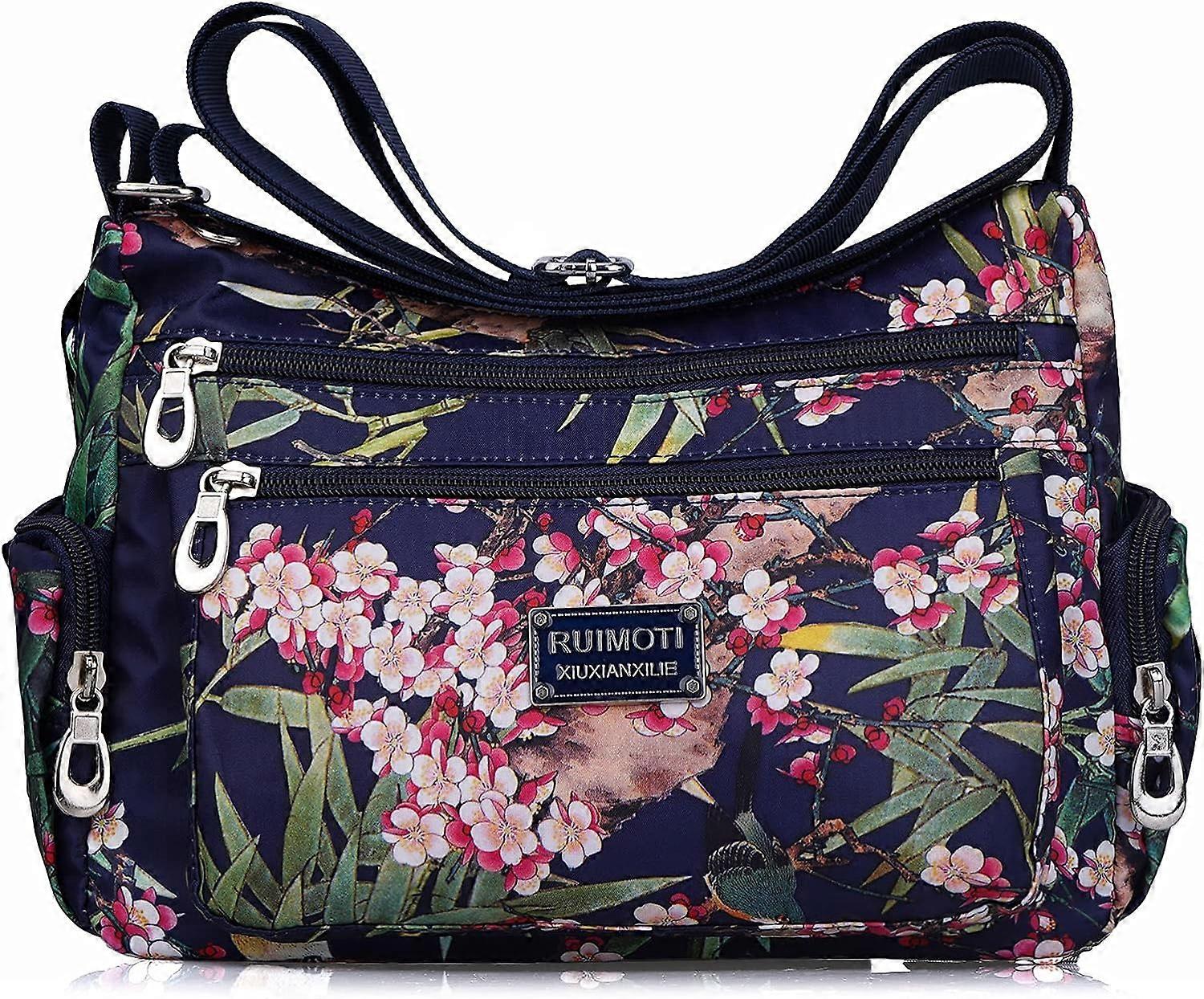 Women's Nylon Multi-Pocket Shoulder Bag, Floral Pattern, One Size-Zn