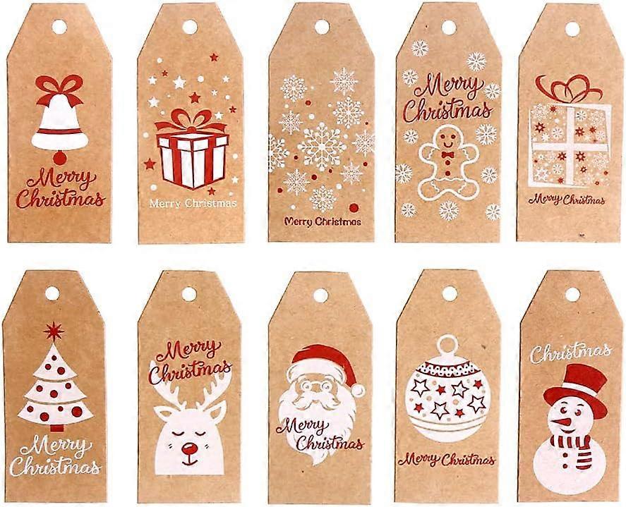 100Pieces 10 Styles Christmas Kraft Present Gift Tags Hang Labels with Cotton String and Natural Jute String (Brown)