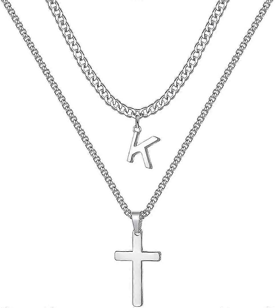 Layered Cross Necklace For Men, Mens Cross Necklaces Letter A To Z Layered Cuban Chain Box Chain Stainless Steel Cross Necklace For Boy Women Girl 16-