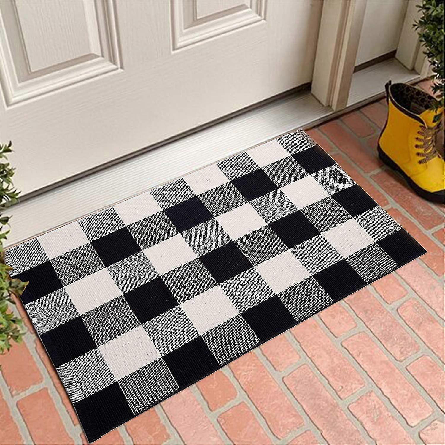 Mubin Buffalo Plaid Rug 2x3 Ft Outdoor Black And White Checked Rug Cotton Reversible Hand-woven Indoor Washable Entryway Front Porch Decor Rugs For La