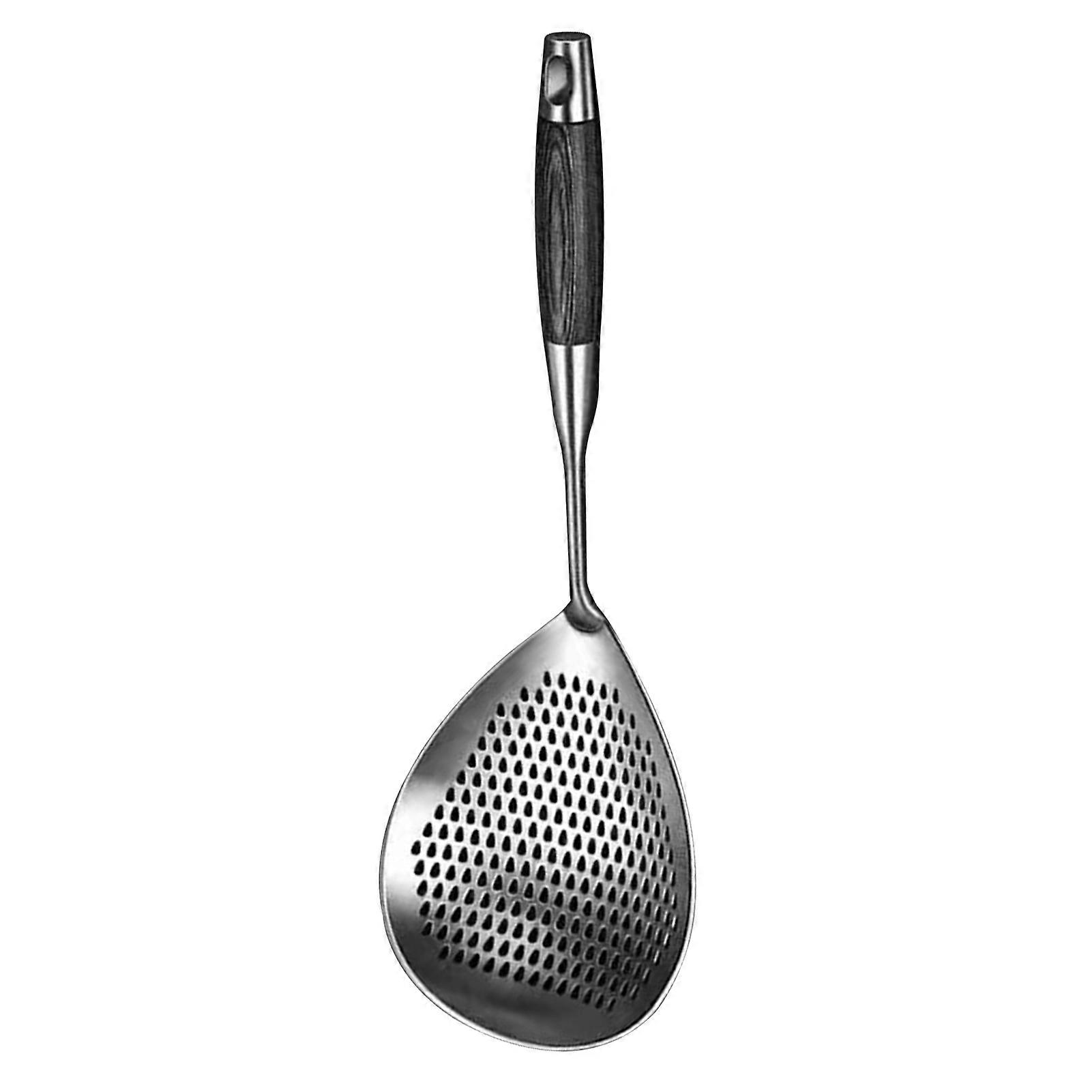 304 Stainless Steel Slotted Spoon Fine Mesh Anti-scald Wooden Long Handle Heat Resistant Frying Food Oil Grease Fat Skimmer Strainer Filter Scoop Kitc