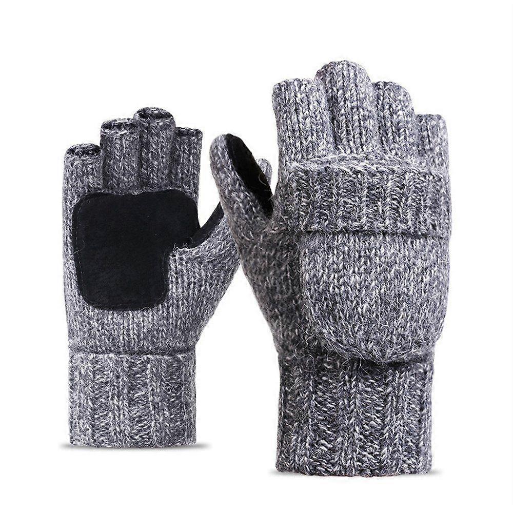 (Light Grey) Wool Blend Knit Two-Purpose Insulated Fingerless Gloves