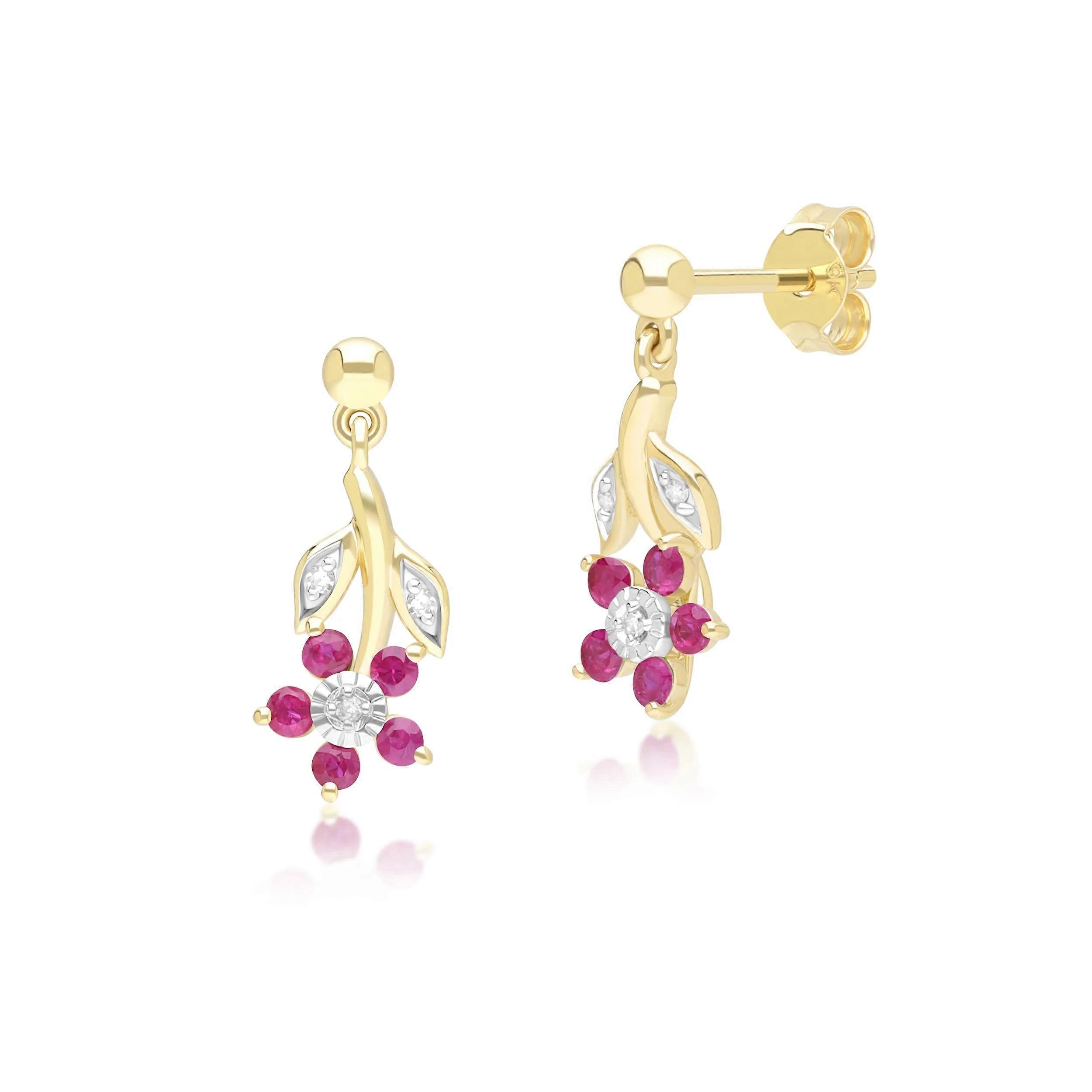 Floral Ruby & Diamond Drop Earrings in 9ct Yellow Gold