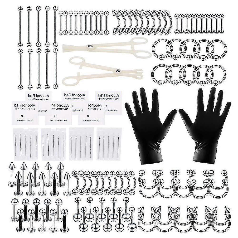 140pcs Piercing Kit Edelstahl Nase Lippe Zunge Augenbraue Industrielle Langhantel Bauch Knopf Ringe Körper Piercing Werkzeuge