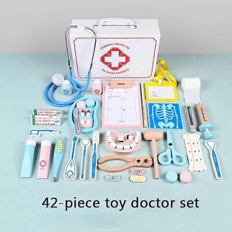 42 قطعة من طقم لعب طبيب الأطفال التظاهر بأدوار طقم طبي خشبي مع سماعة الطبيب وحقيبة حمل لعبة تعليمية