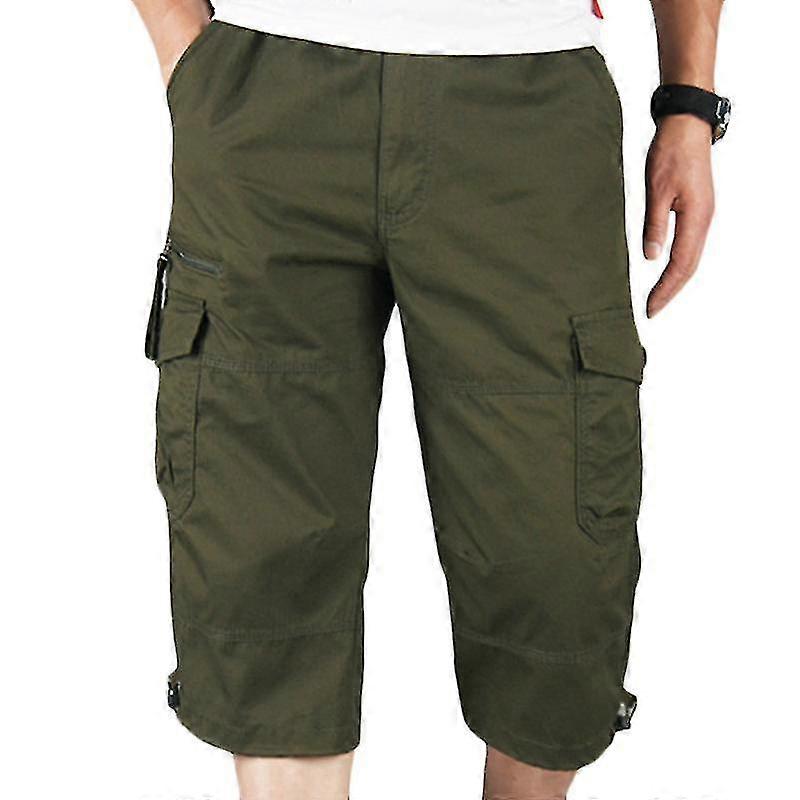 Men Plain 3/4 Length Cargo Pants Combat Multi Pockets Loose Pants