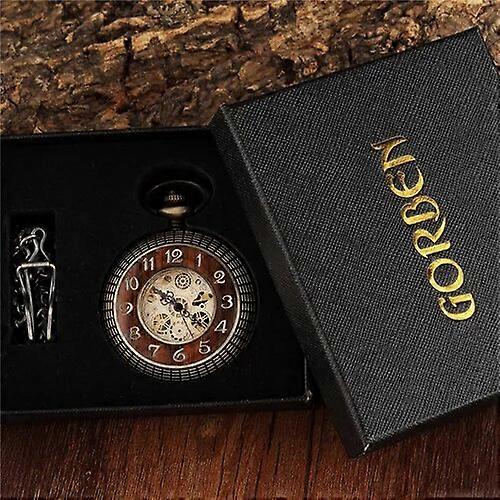 Vintage Wood Circle Carved Number Dial Mechanical Pocket Watch Men Unique Hollow Steampunk Bronze Mechanical Clock Watches Chain