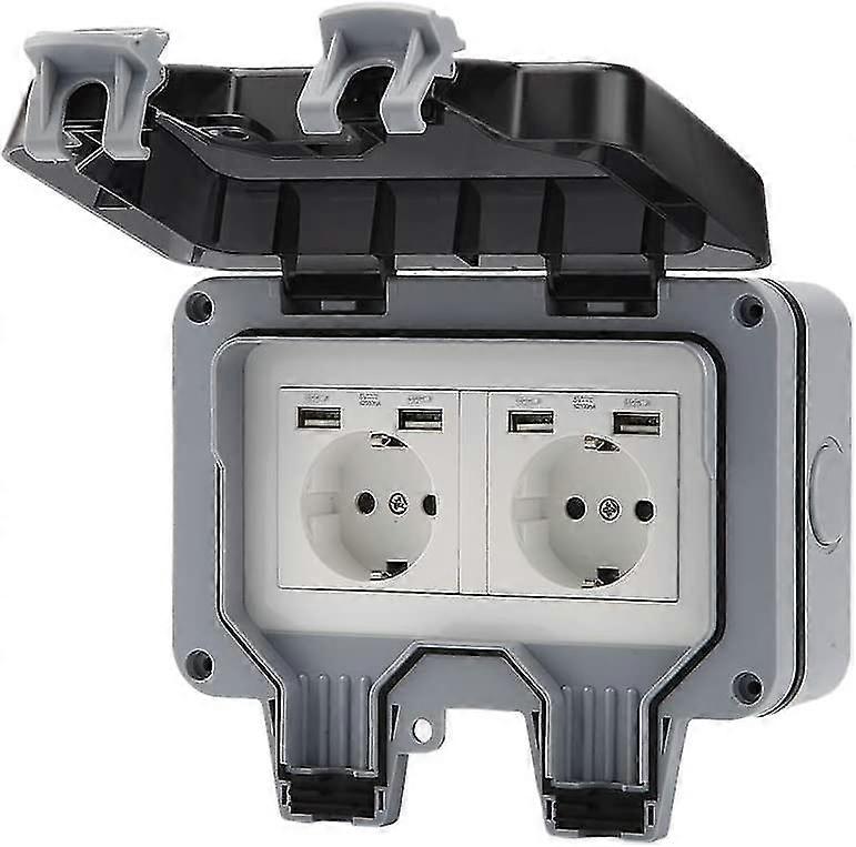 2-way External Socket With Cable Connector And Hinged Cover, Ip66 Waterproof Wall Socket