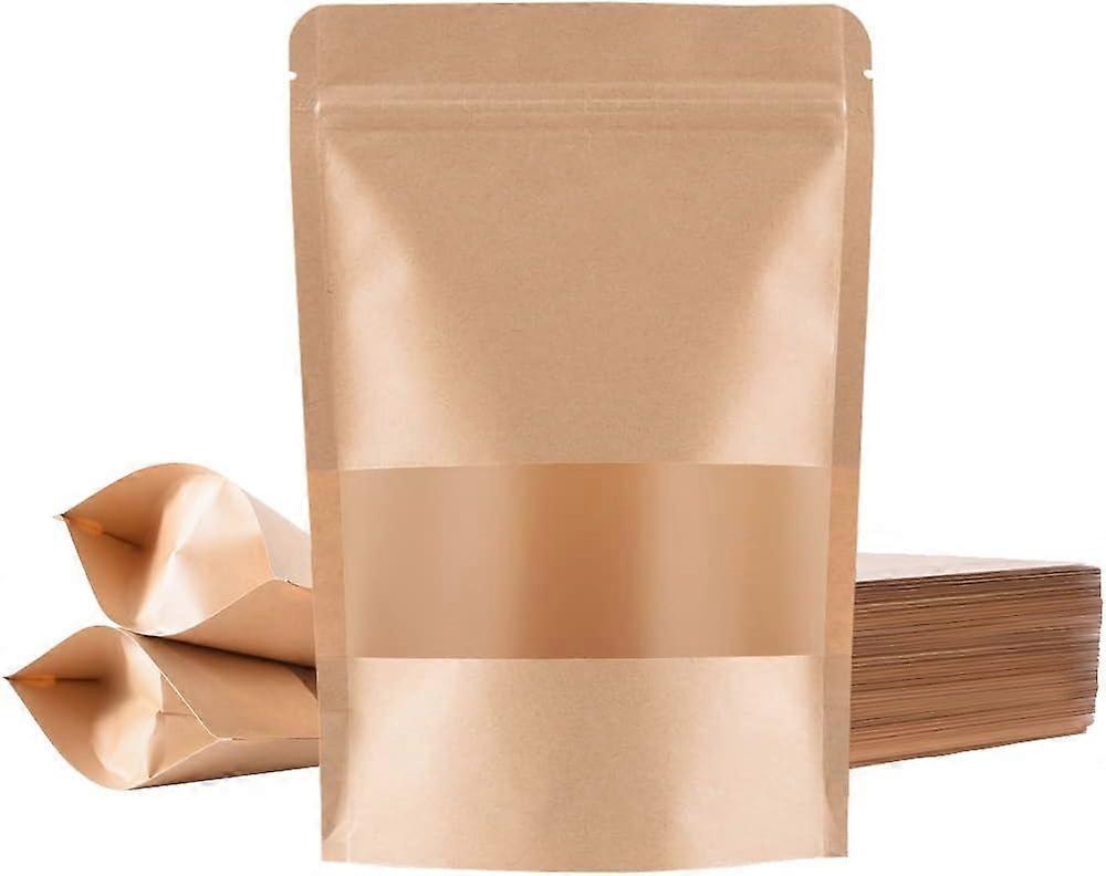 100pcs Kraft Paper Bags Stand Up Zipper Kraft Paper Bags with Clear Window Reusable Airtight Paper Bags Craft Storage Nuts Coffee Beans (10*15cm)