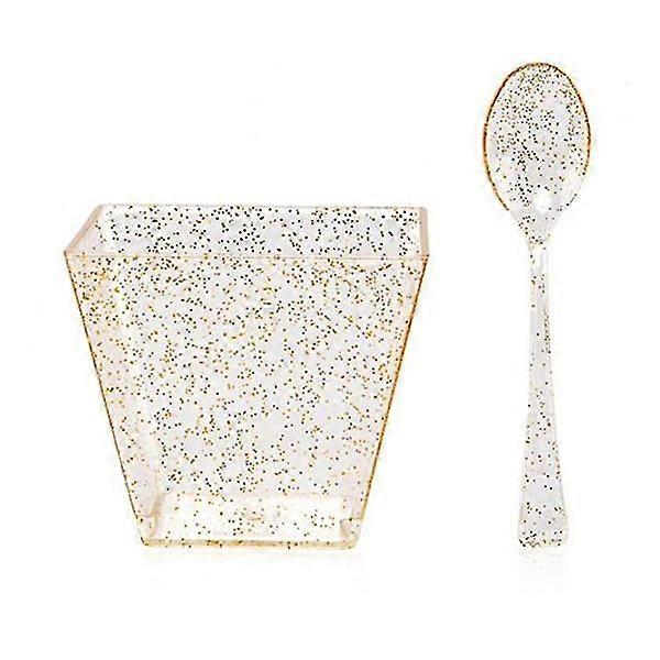 50pcs Pudding Cups And Spoons With Gold Rim 60ml Wedding Party Tumblers Gold Bronzing Drinking Cups