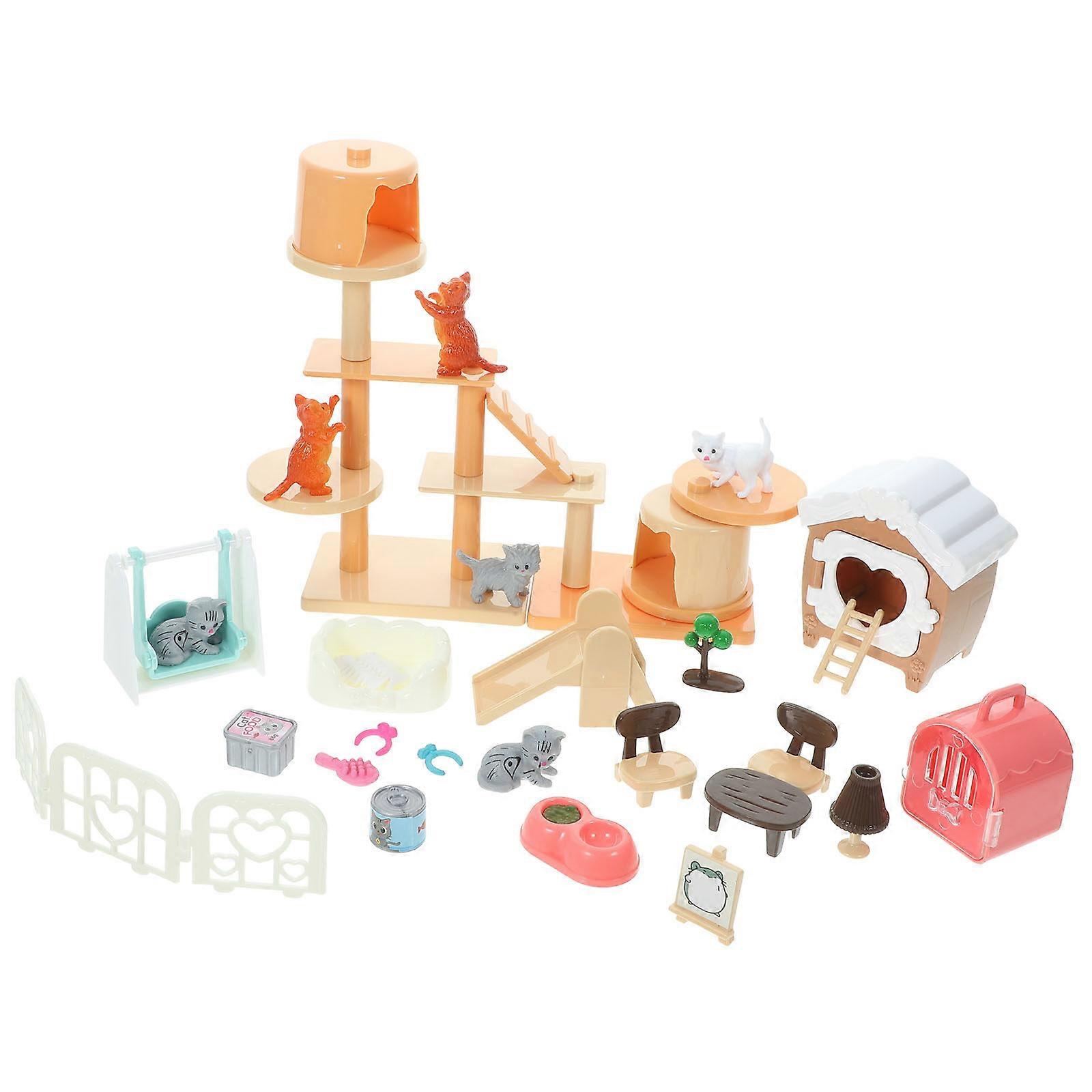 1 set of Pretend Play Toy Set Plastic Cat Scene Playset Pretend Cat Figures Set Playing House Props for Toddlers