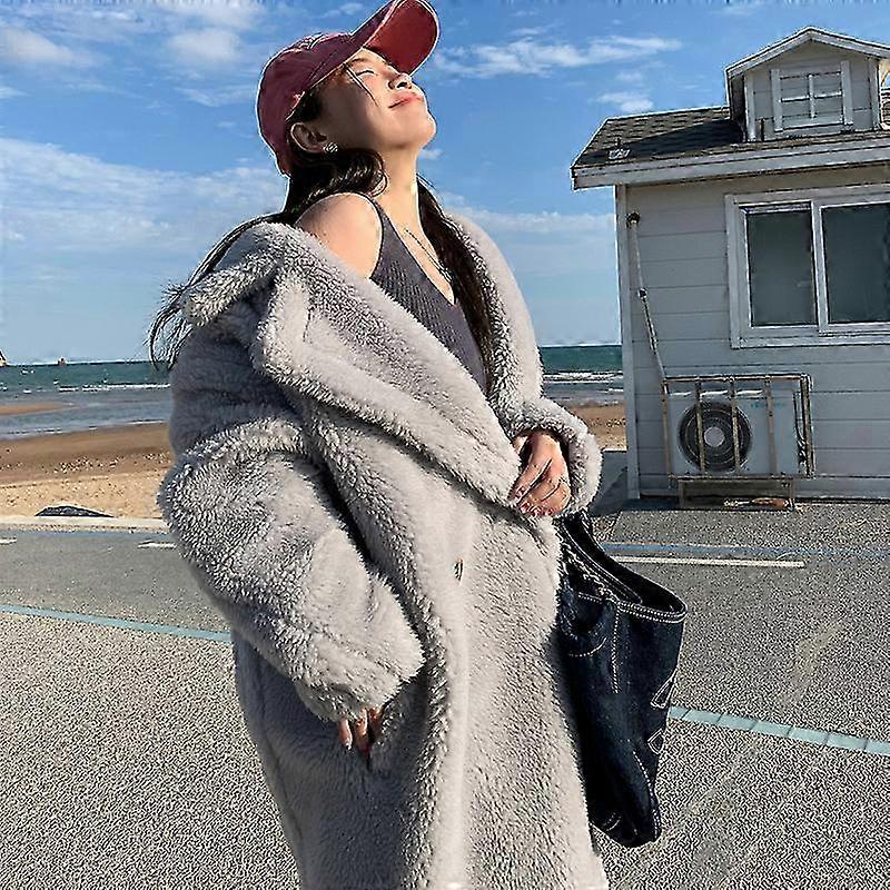 Wol Kasjmier Fuzzy Teddy Jas Oversized Vrouwen Bont-effect Winter Shearling Jas Lang