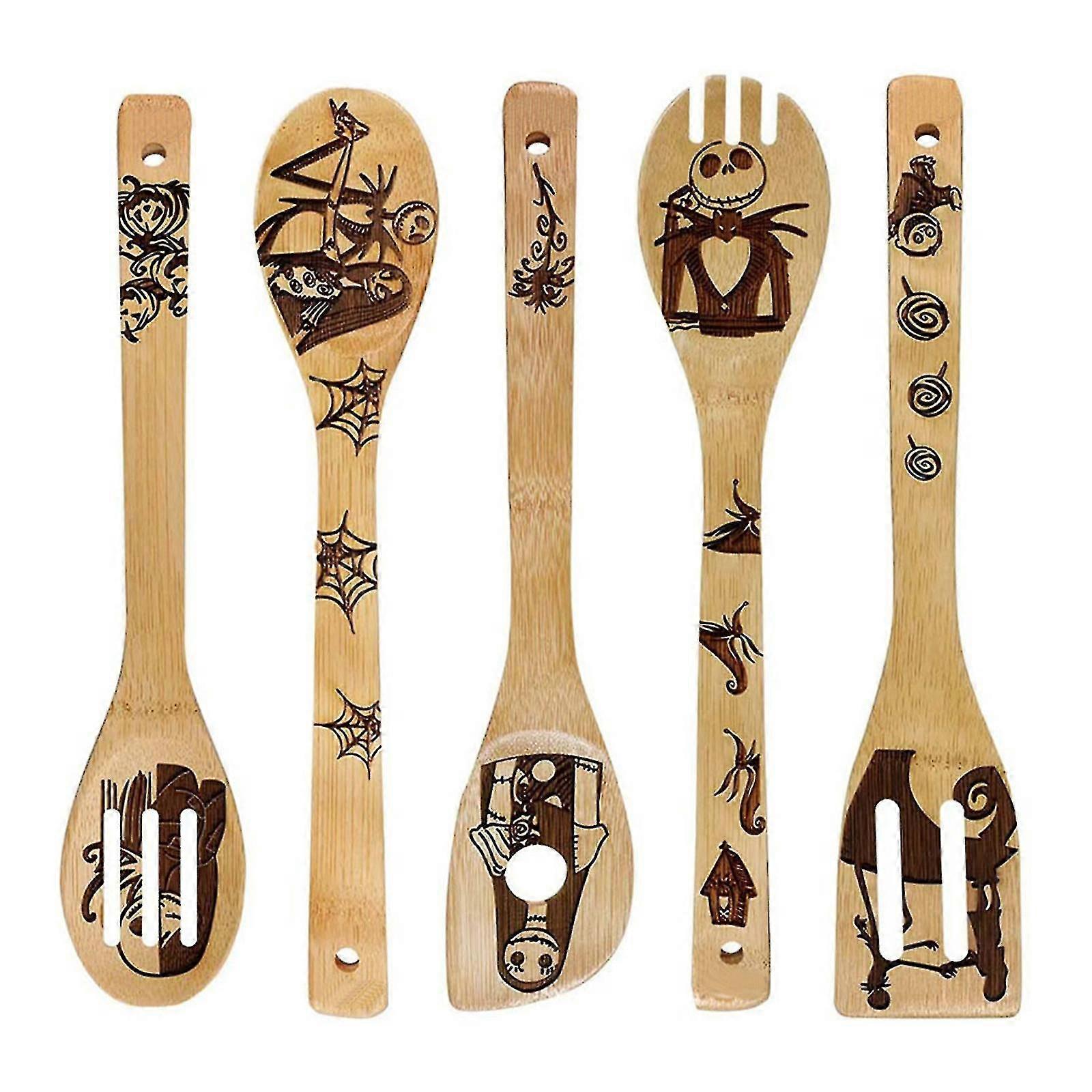 Cadılar Bayramı Pişirme Gereçleri Seti, 5 adet Bambu Spatula Seti Kaygan Cadılar Bayramı Baskı Mutfak Partisi Çevre Dostu Mutfak Gereçleri
