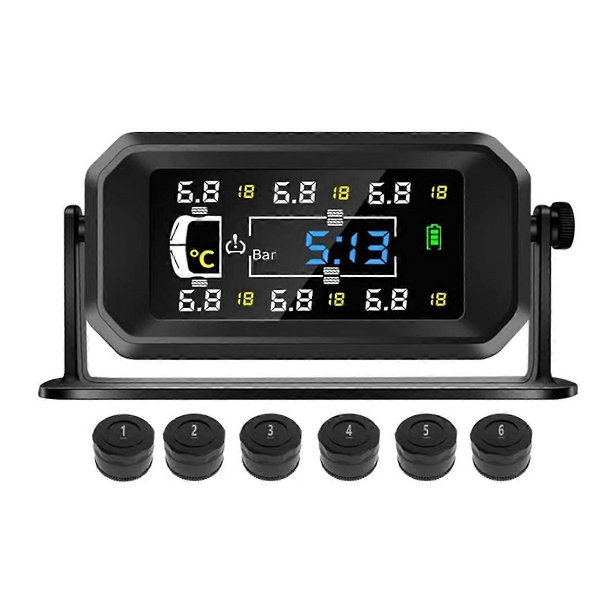 Car RV Truck TPMS 6 Wheels Sensor Solar Tire Pressure Monitoring System Temperature Clock Air Pressure Display Alarm A