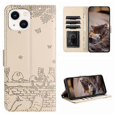 For iPhone 15 Cat Embossing Pattern Leather Phone Case with Lanyard