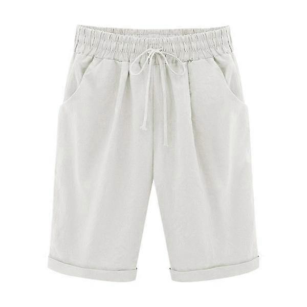 New Solid Color Loose Casual Elastic Waist Cotton Linen Capri Pants For Women Slim Fit Drawstring Capri Trousers Pockets Pants