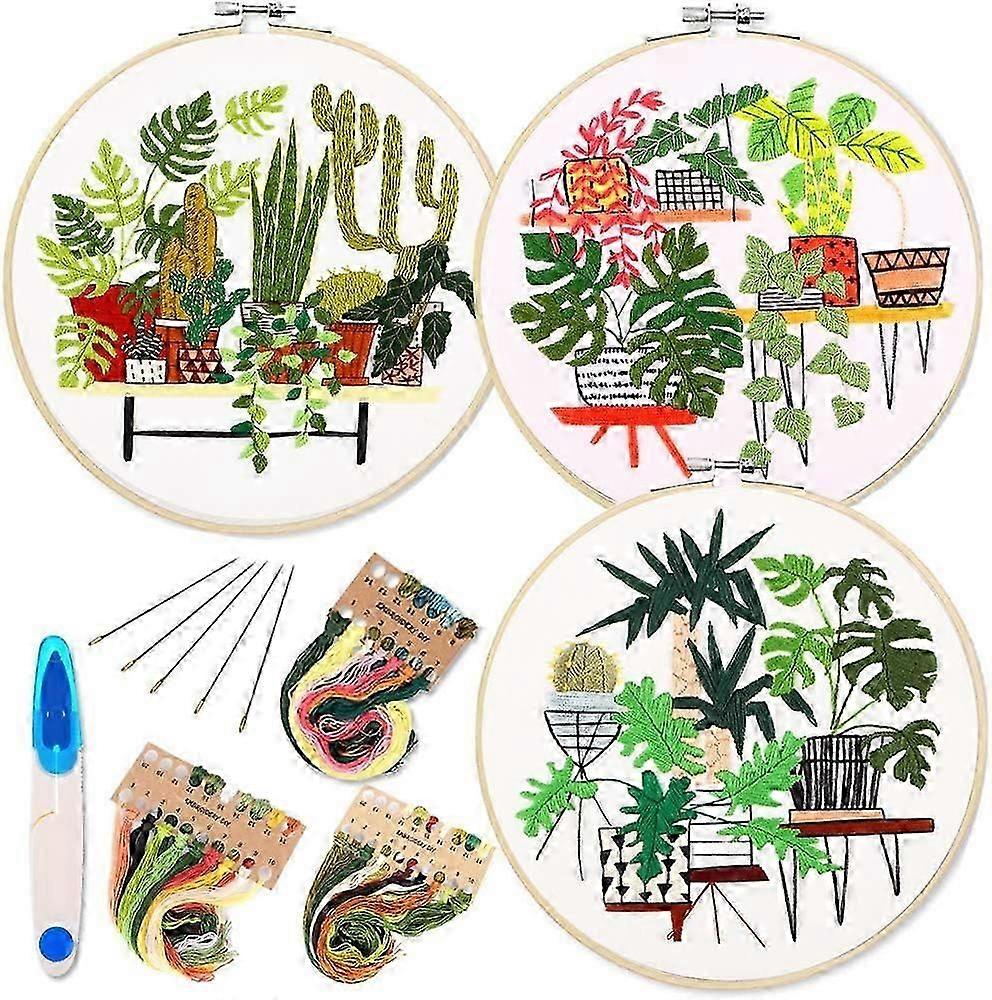 3-Pack Embroidery Starter Kits with Patterns and Instructions, Complete Stamped Kits for Beginners with Flower Design Threads