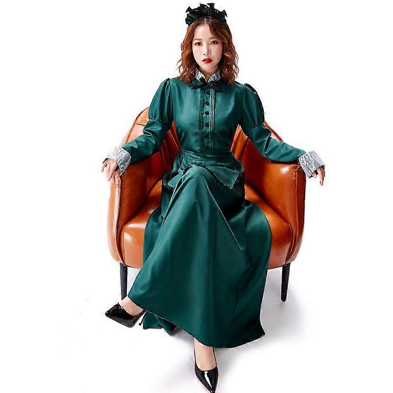 Halloween costume dark green high collar lace slim temperament maid long dress cosplay clothes send bat headdress