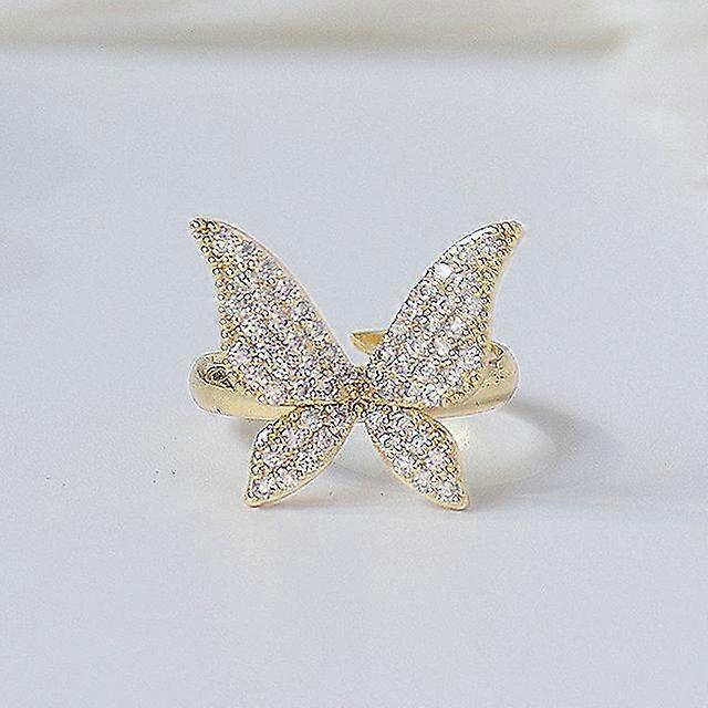 Exquisite copper inlaid zirconium sweet butterfly flower ring 14K real gold plated women's prom party open ring Korean jewelry