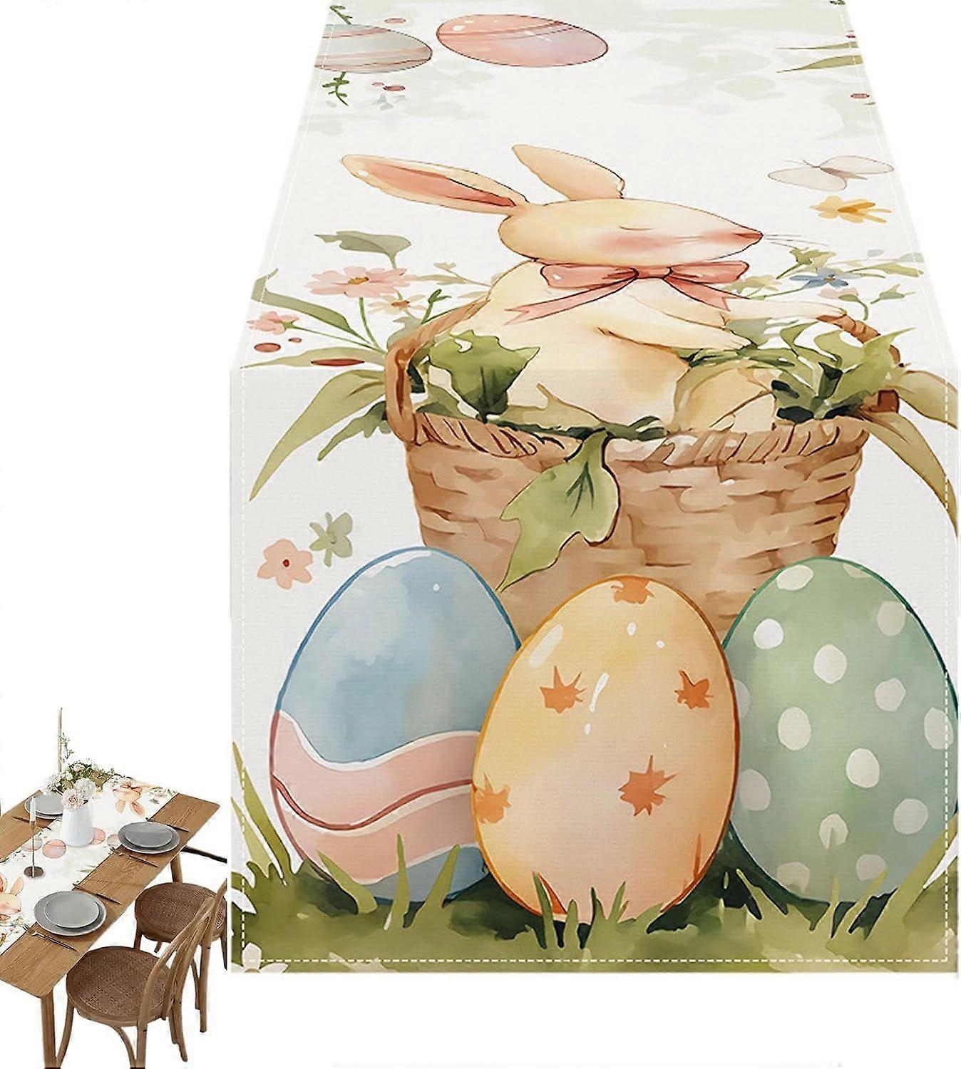 pcs 33x183cm Soft Linen Easter Table Runner 2025 | Rabbit Egg Printed Rectangular Tablecloth | Easter Table Decoration for Homes, Residences, Restaura