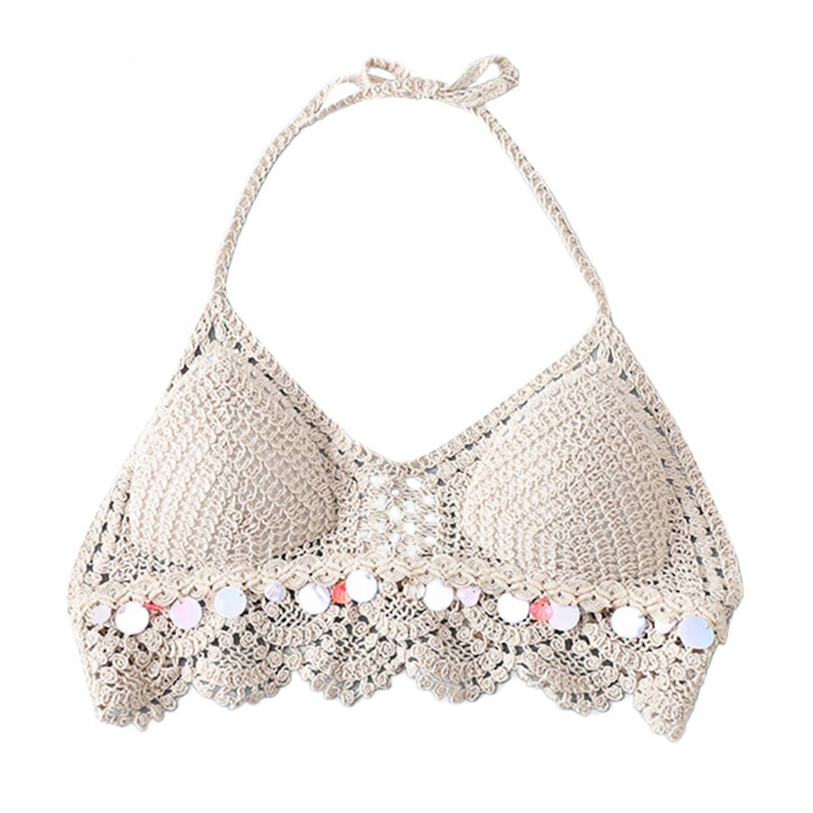 Travel Built in Bra Camisole Hollow out Crochet Bohemia Style Sleeveless Crop Top Spaghetti Strap Seaside Halter Vest apricot