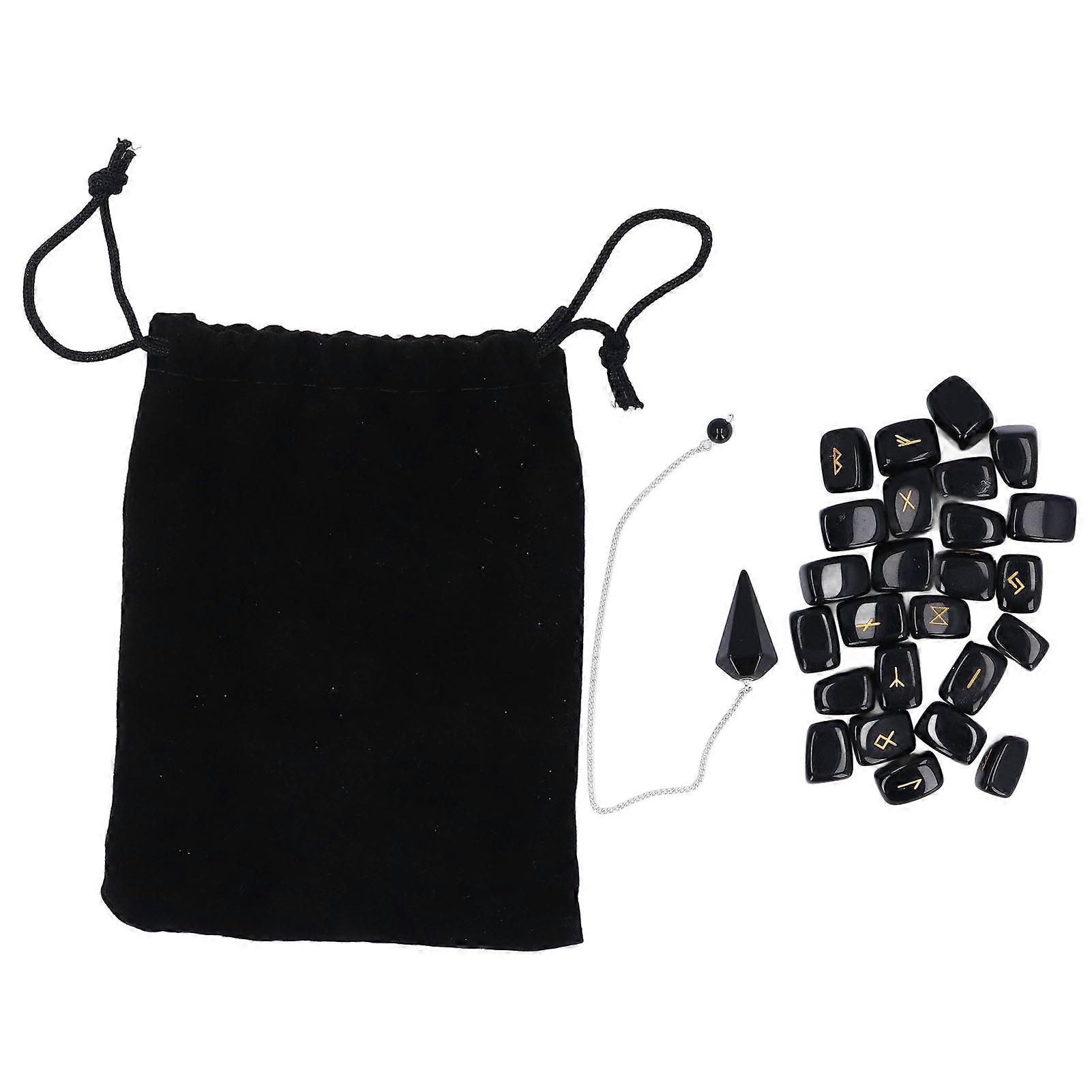 25pcs Obsidian Rune Stones Set with Pendulum and Bag for Divination Meditation Healing Good Luck Spiritual Tools