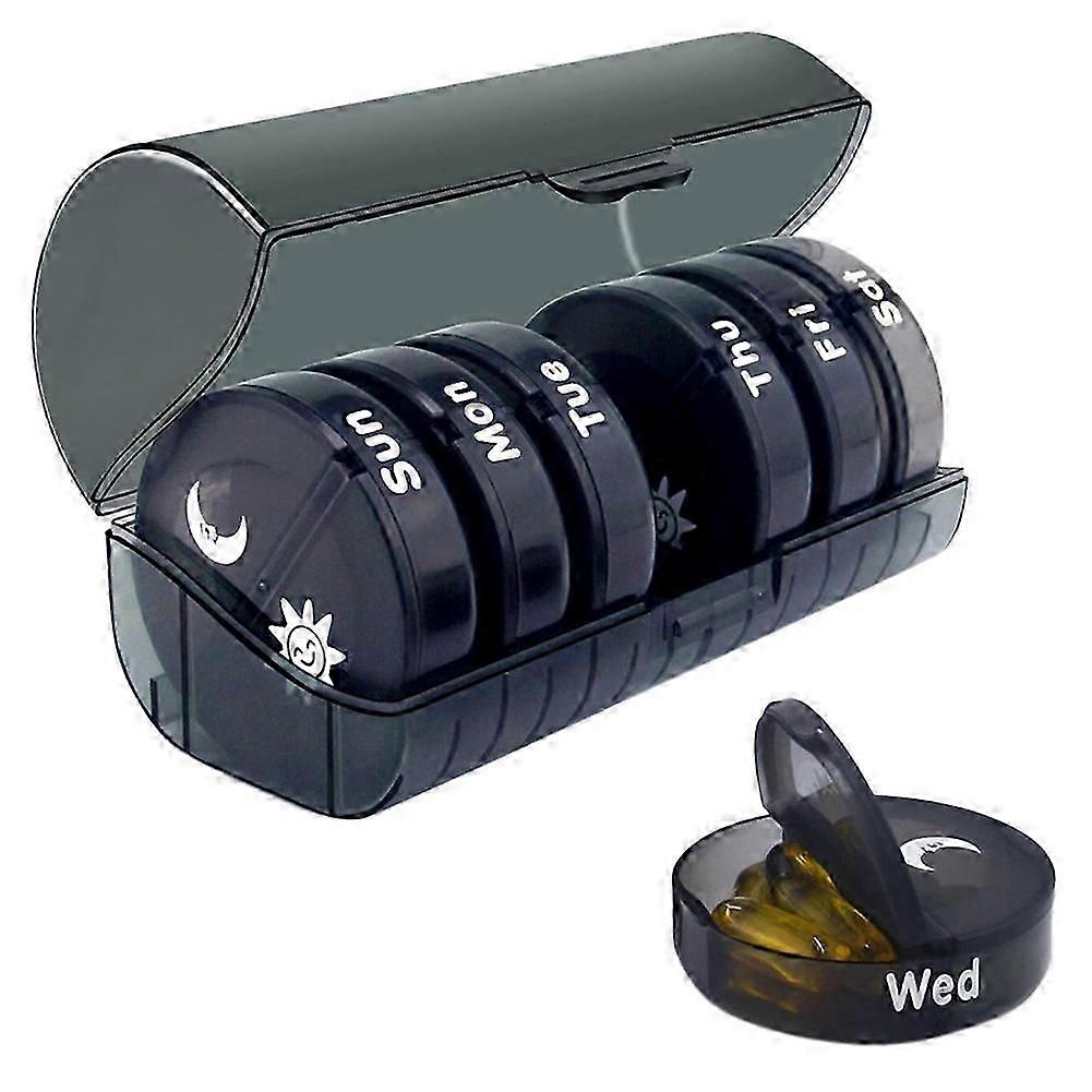 Daily (Twice-a-Day) - Weekly AM/PM Pill Box, Round Medicine Organizer, 7 Day Pill Container (Black