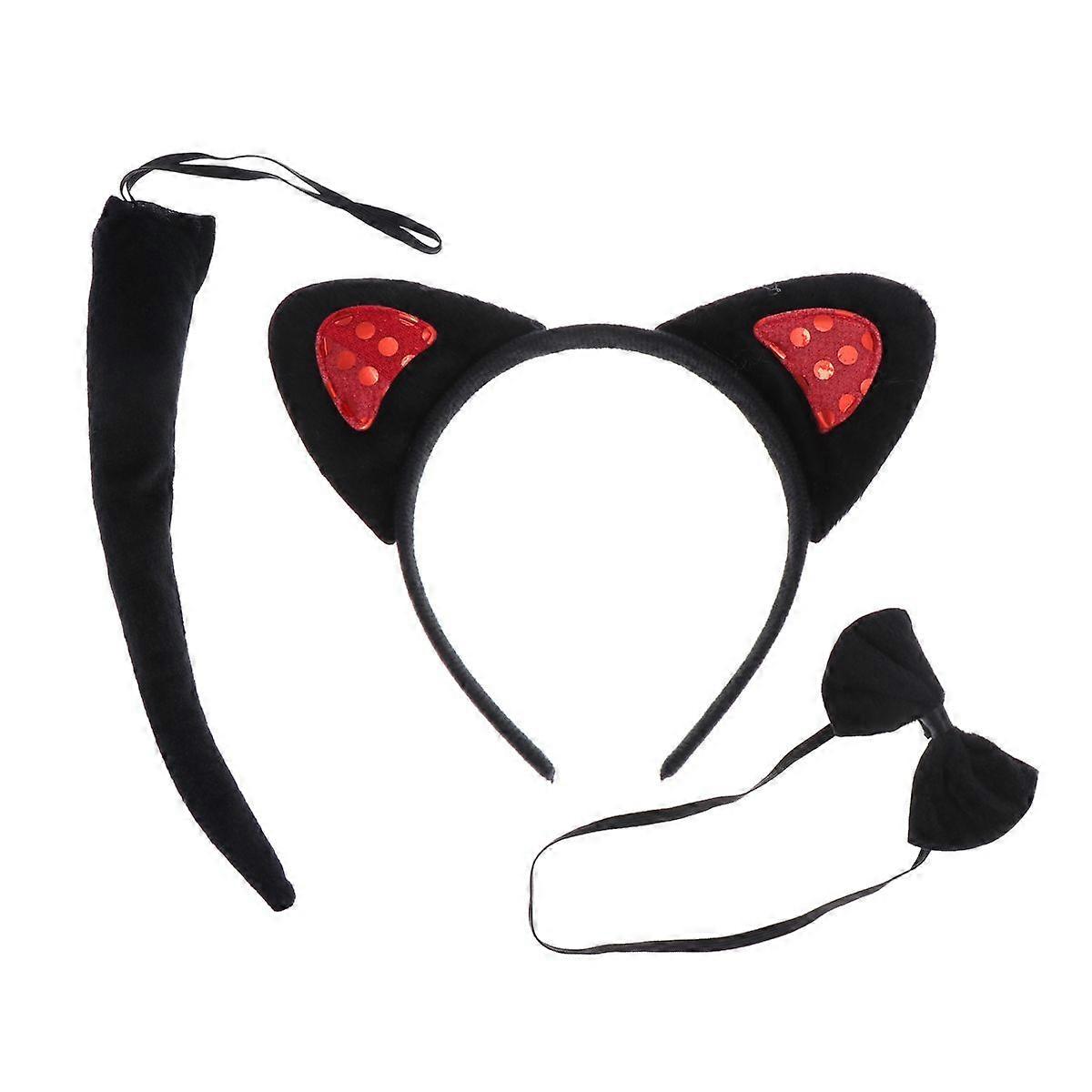 3pcs in 1 Set Black with Red Sequin Hairwear Funny Cat Ear Costume Accessary Party Supplies Sequin Animal Headband Tail Tie Performance Masquerade Par