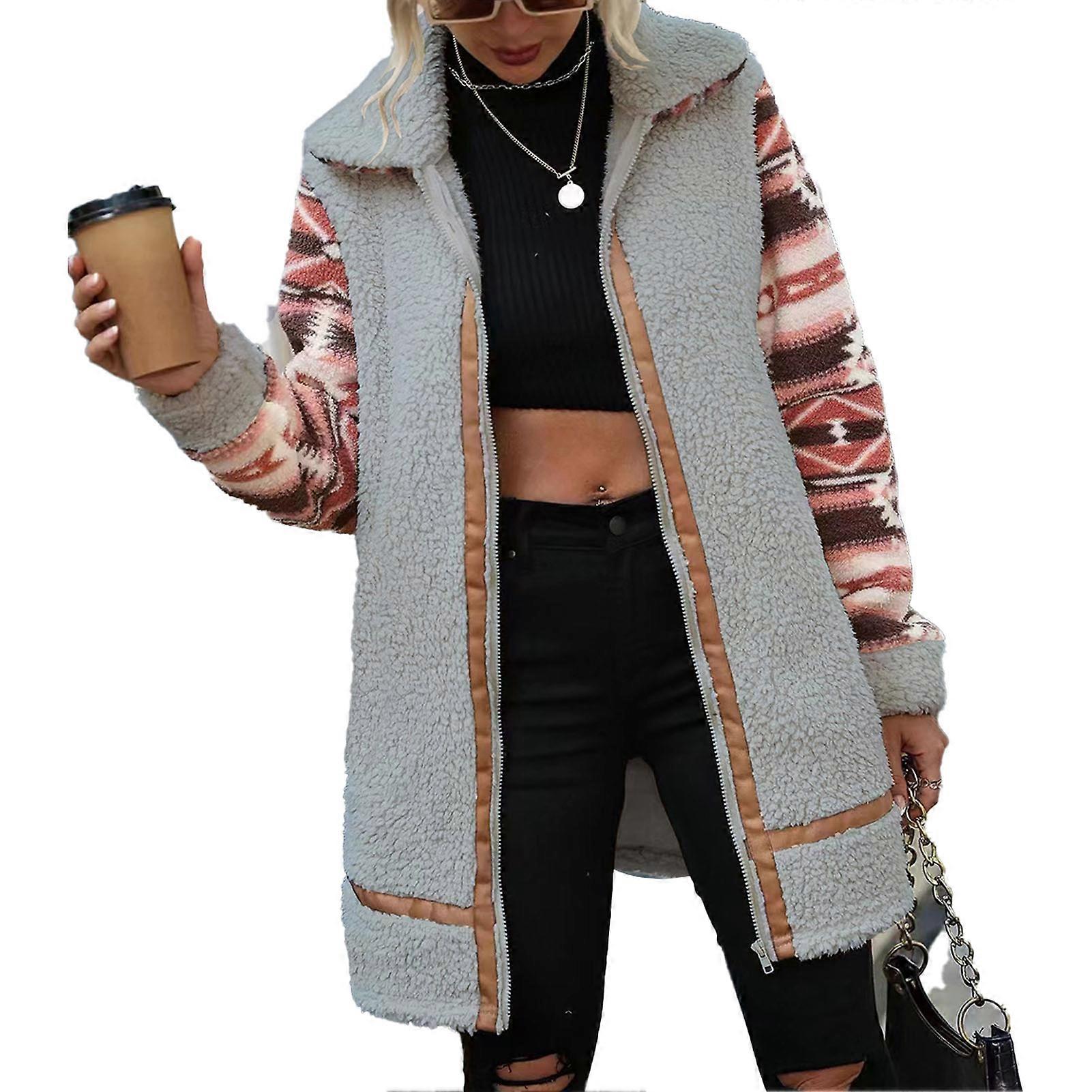 Women Fuzzy Fleece Jacket Print Color Block Long Sleeve Turn Down Collar Zipper Coat Outwear with Pocket