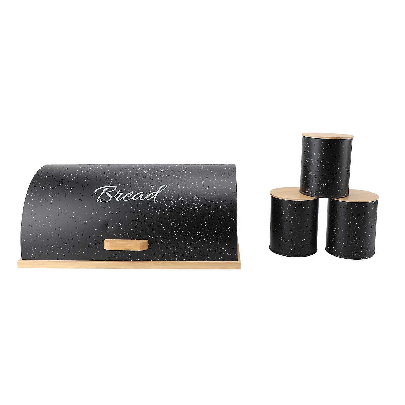 Box Wooden Iron Roll Top Flat Sided Bread Container with 3pcs Storage Jars for Kitchen Countertop