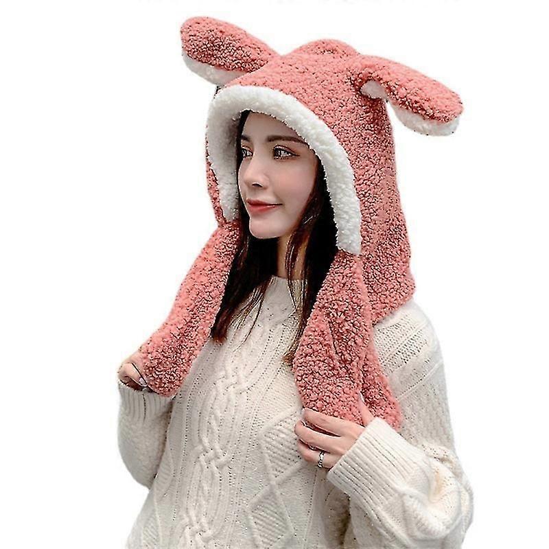 Movable Cute Rabbit Ear Hat Warm Scarf Winter Fluffy Lamb Wool Windproof Hat