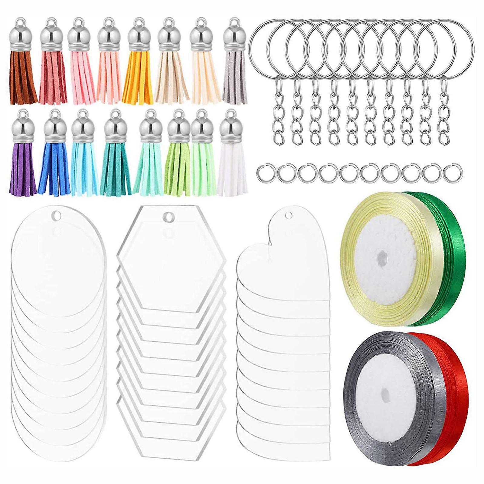 Acrylic Keychain Blanks Vinyl Clear Keychain Kit with Tassels Jump Rings Ribbons for DIY Keychains Crafting Making Tool Multicolor
