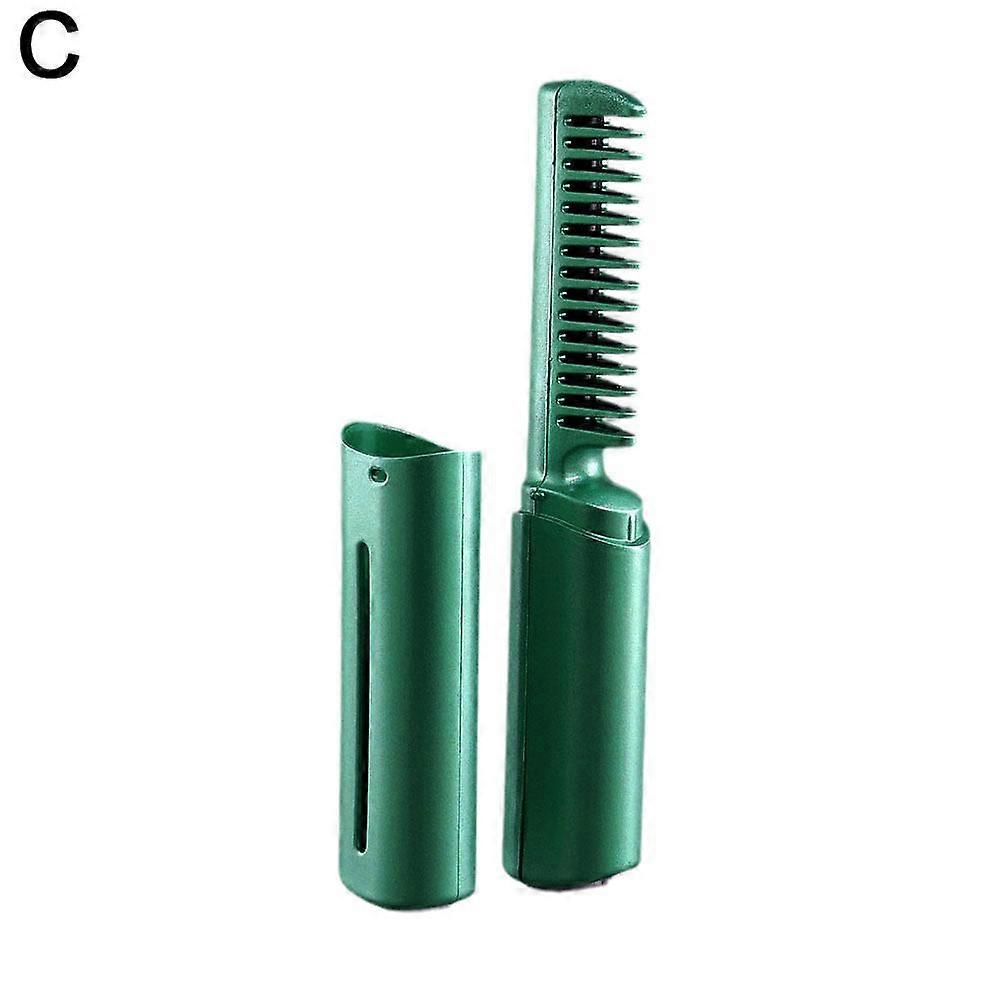 Green (C)$ Lazy straight hair comb wireless hair straightener small USB charging portable travel curling and straightening dual-purpose artifact