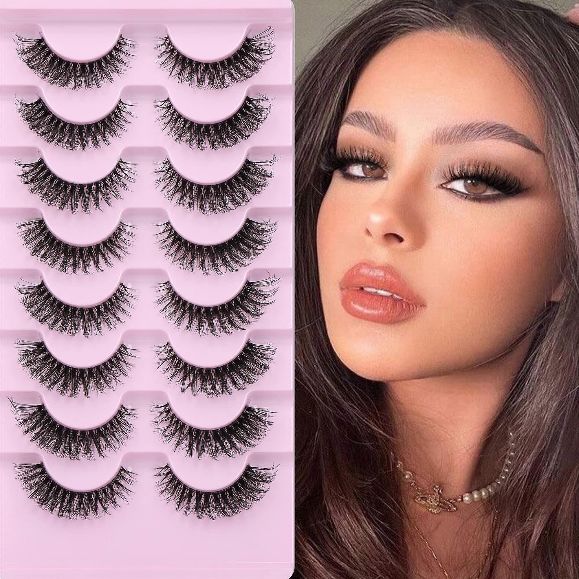 Natural False Eyelashes Wispy Mink Lashes Cat Eye Lashes Pack Fluffy Eyelashes 8 Pairs 14 mm Clear Band DD Curl Strip Fake Eyelashes By