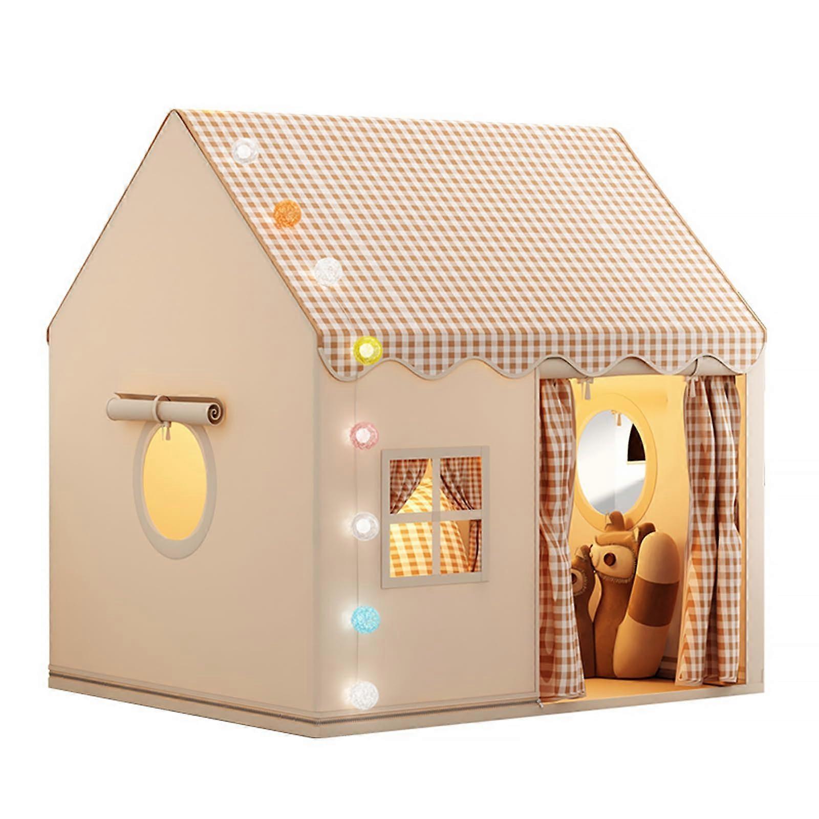 Spielhaus Gingham Pattern, 120x105x128cm, Spacious for 3-4 Kids, Beige with LED Lighting