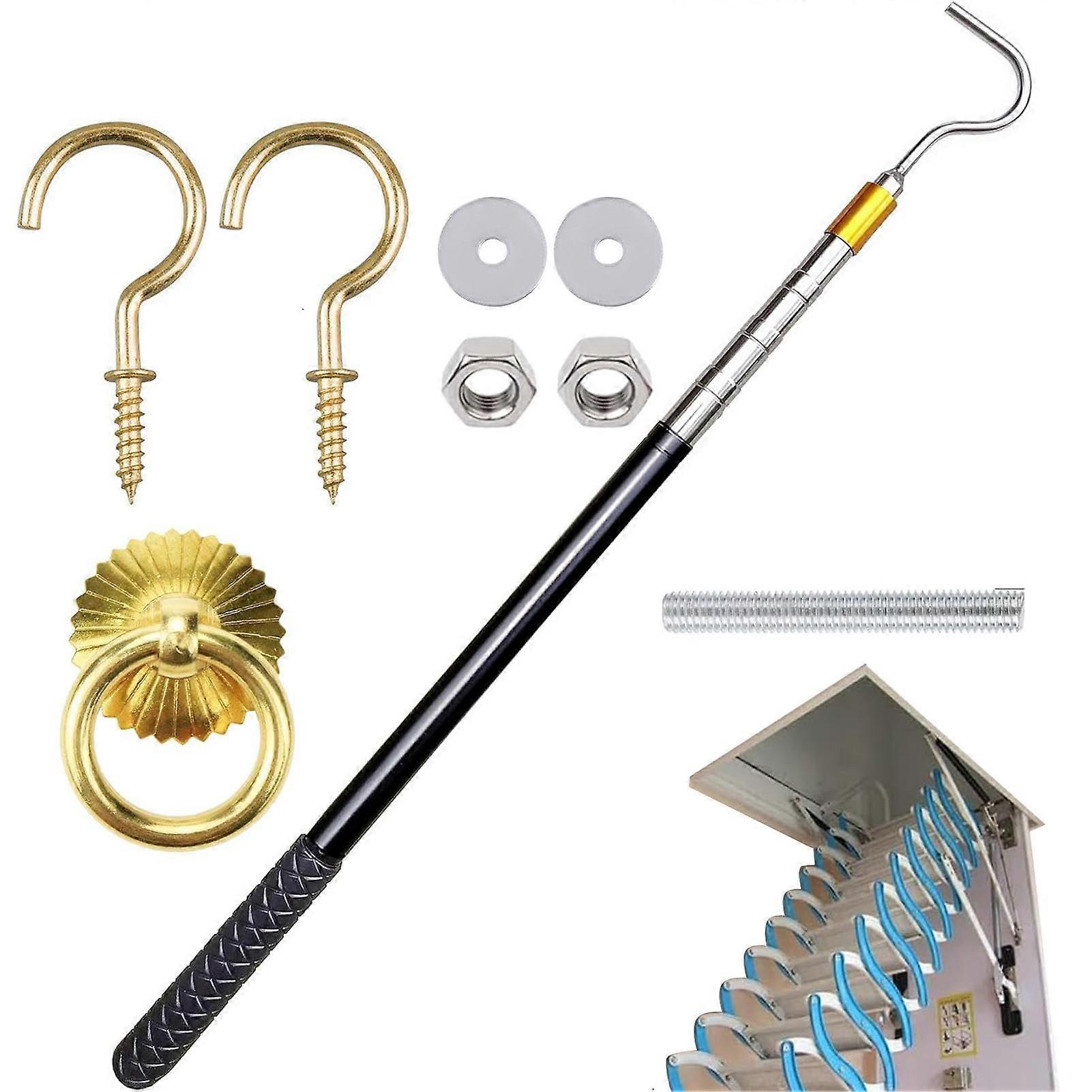 Ladder Pull Down System Kit with Metal Loft Hook Set and Extension Pole for Home Storage and Workshop Use
