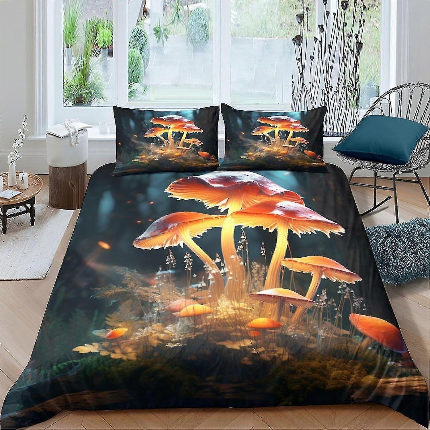 Conjunto de Capa 3D Cogumelos Fantasia para Crianças Meninos Adolescentes, Conjunto de Cama de 3 Peças Capa de Colcha de Floresta de Fadas, Capa de Edredom Com Travesseiro C