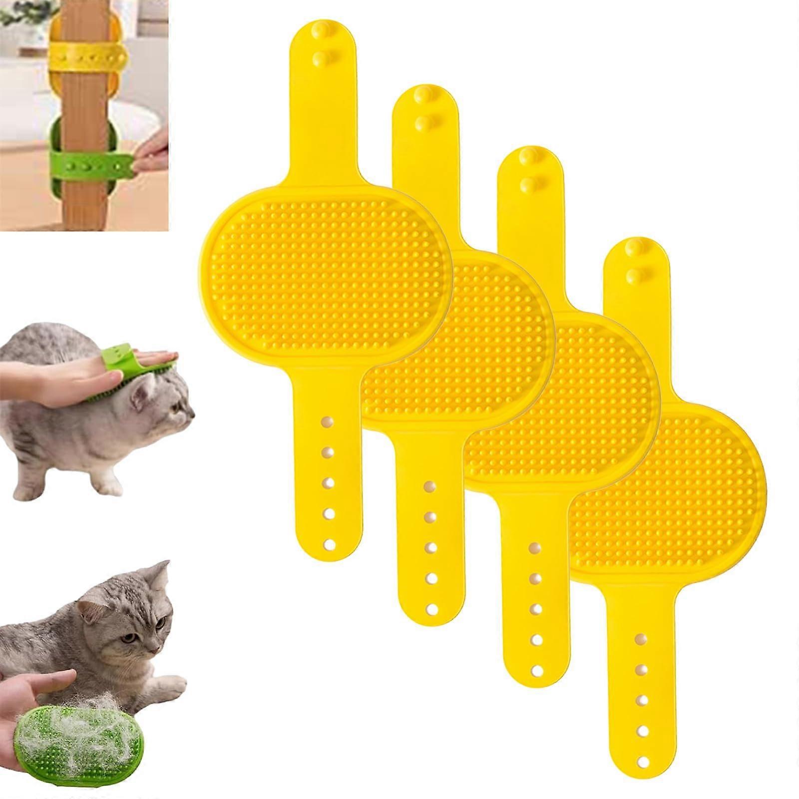 Silicone Grooming Strap Pad for Cats - Adjustable 2-in-1 Self-Groomer, Indoor Use, Yellow, 4-Pack
