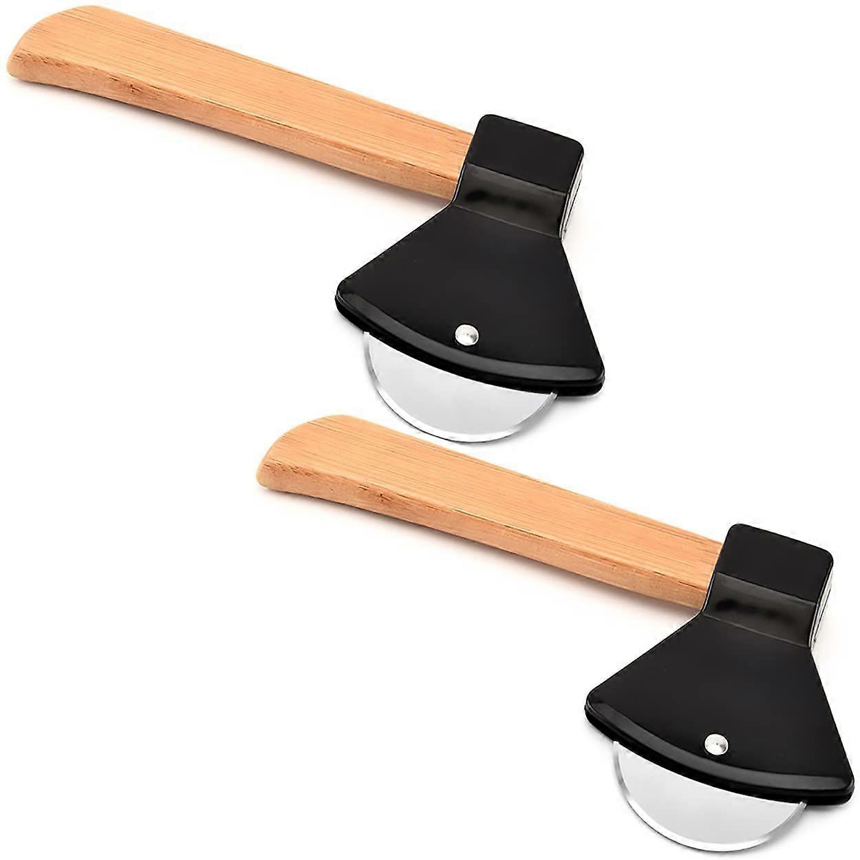 2 - Pcs Axe Pizza Cutter: Stainless Steel, Bamboo Handle, Multi - Purpose (balck)