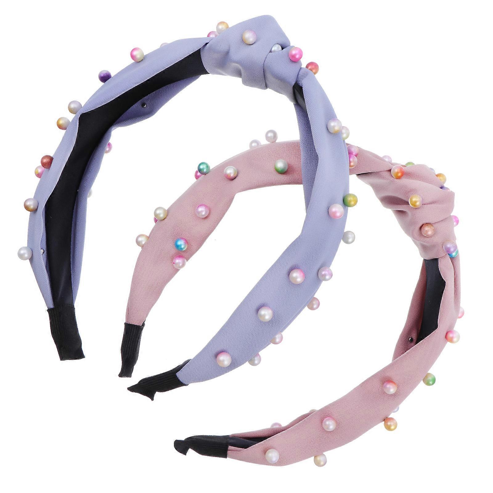 Full Beads Hairbands Set of 2 Wide Knotted Headband with Twisted Design for Daily Wear and Special Occasions Blue and Pink Elegant Style